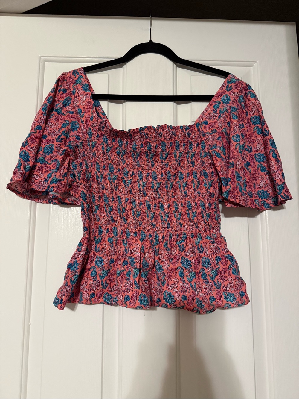 Simply Southern Smocked Seahorse Peplum Top Pink Blue Coastal back to school M⁠ - Picture 2 of 9